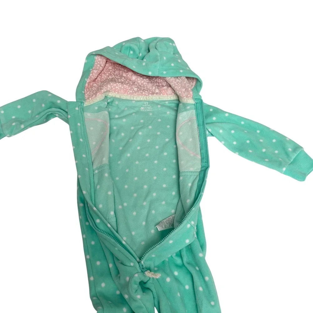 Carters Baby Girl 12M Mint Green Polka Dot Fleece Hooded Jumpsuit Heart